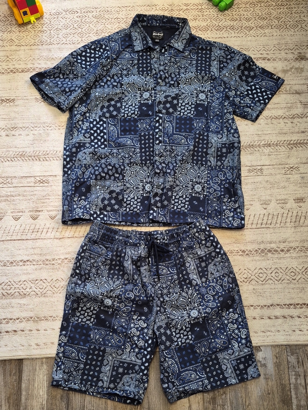 Men's Navy Bandana Print Short Sleeve Button-Down Shirt - Casual